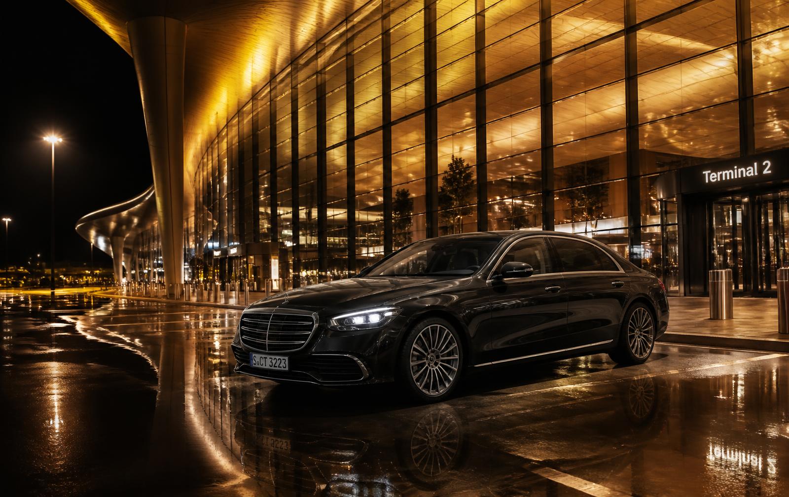 Dunkle Limousine nachts vor einem hell erleuchteten Flughafen-Terminal