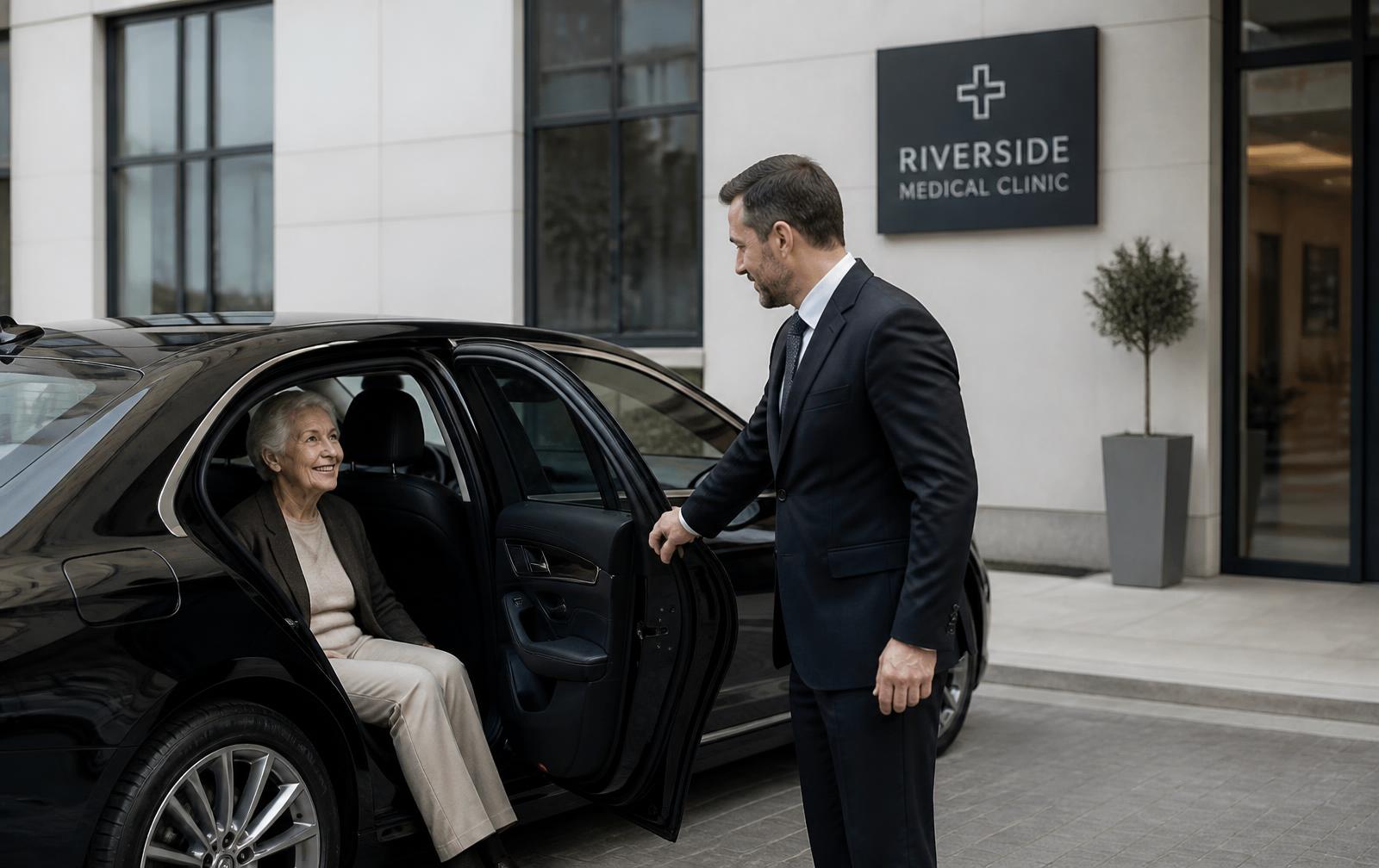 Chauffeur öffnet die Fahrzeugtür für eine Patientin vor einer Klinik
