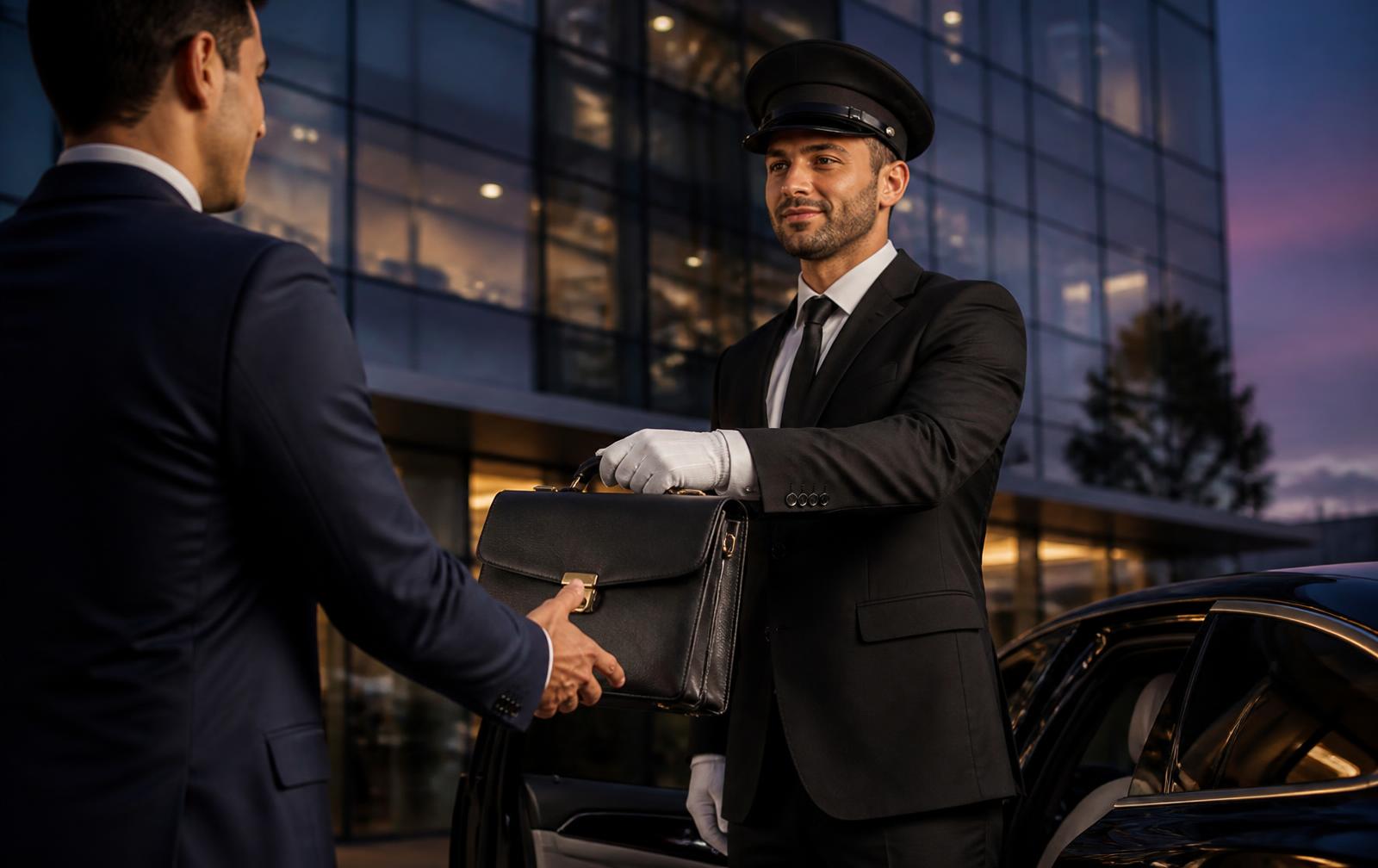 Chauffeur im dunklen Anzug übergibt eine schwarze Aktentasche